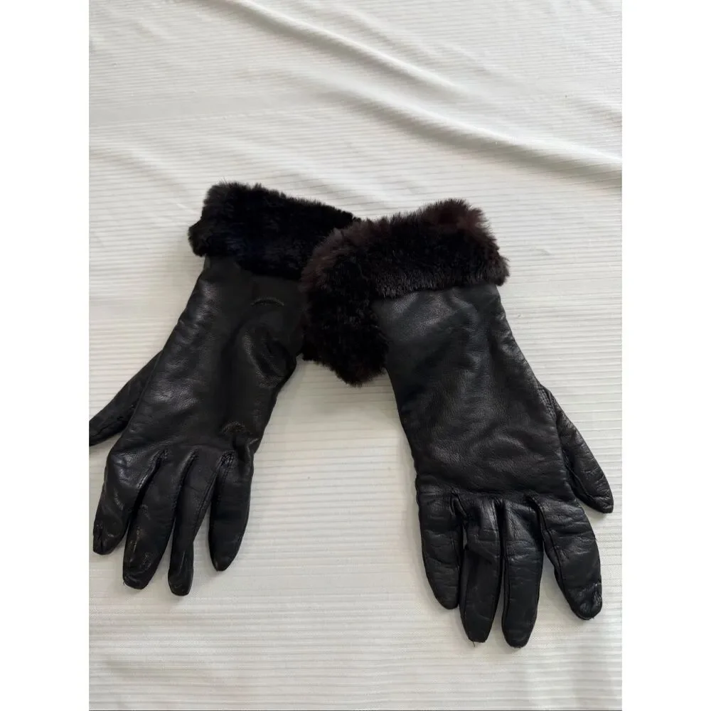 Stewart’s Vintage Genuine Leather Women’s Black Fur Gloves Size 6 1/2
